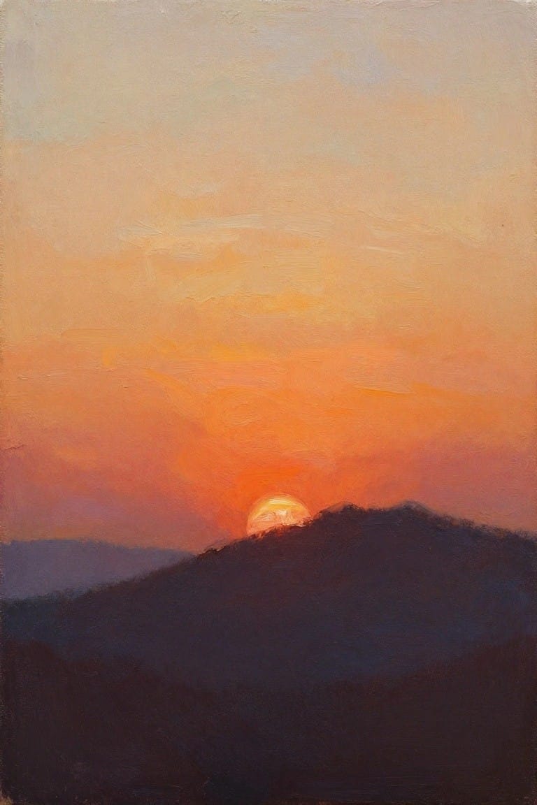 Oil painting of an orange sun setting behind a dark hill with layered purple hills below and a gradient orange-to-pale sky above.