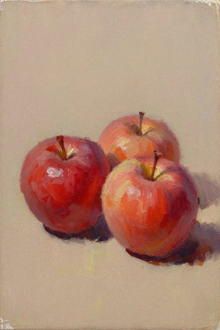 Oil painting of three red apples with stems on a beige background and cast shadows.