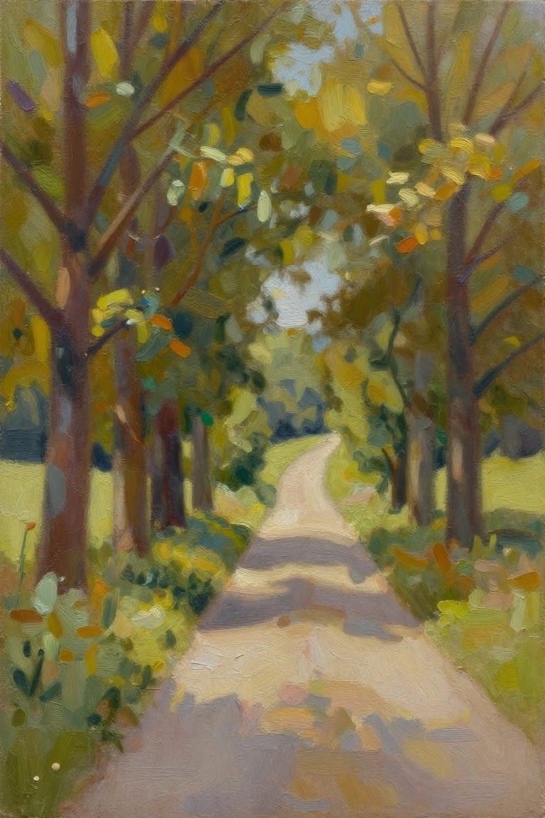 Oil painting of a curved dirt path lined with tall autumn trees under dappled sunlight.