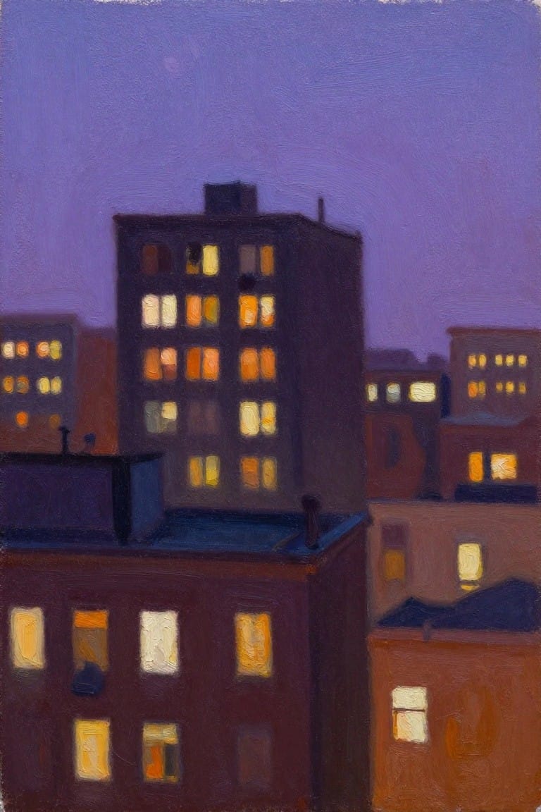 Oil painting of brick apartment buildings at dusk under a purple sky with a moon and scattered glowing windows.