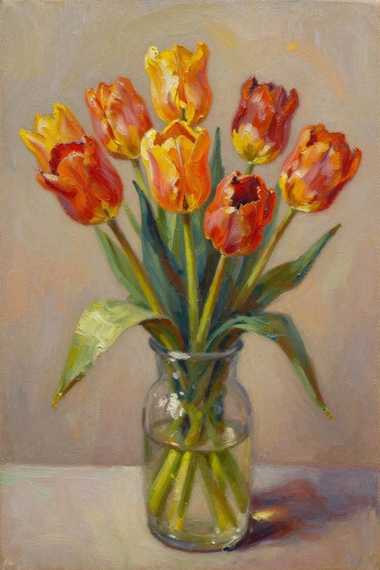 Oil painting of orange and yellow tulips in a clear glass vase filled with water, on a beige surface.