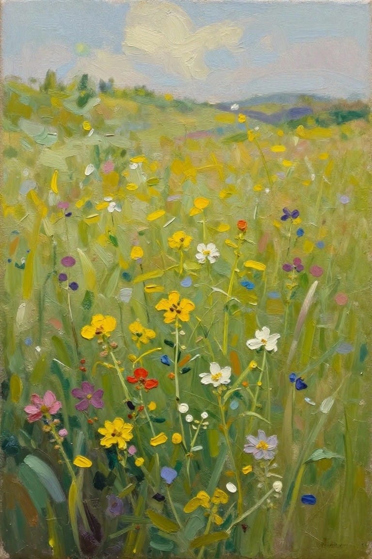 Oil painting of a green meadow filled with diverse wildflowers in yellow, white, pink, purple, and red under a partly cloudy sky with distant hills.
