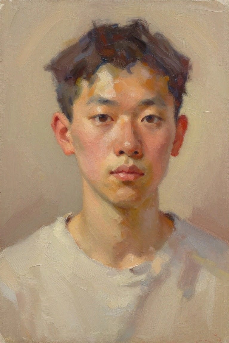 Oil portrait of a young East Asian man with short dark tousled hair, neutral expression, wearing a white t-shirt against a beige background.