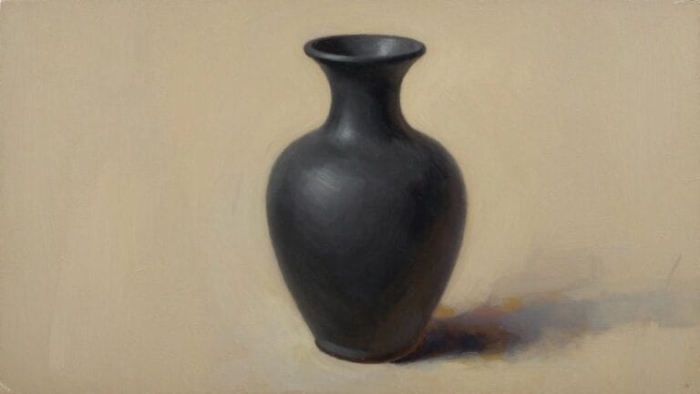 Oil painting of a black bulbous vase centered on a beige background with a cast shadow.
