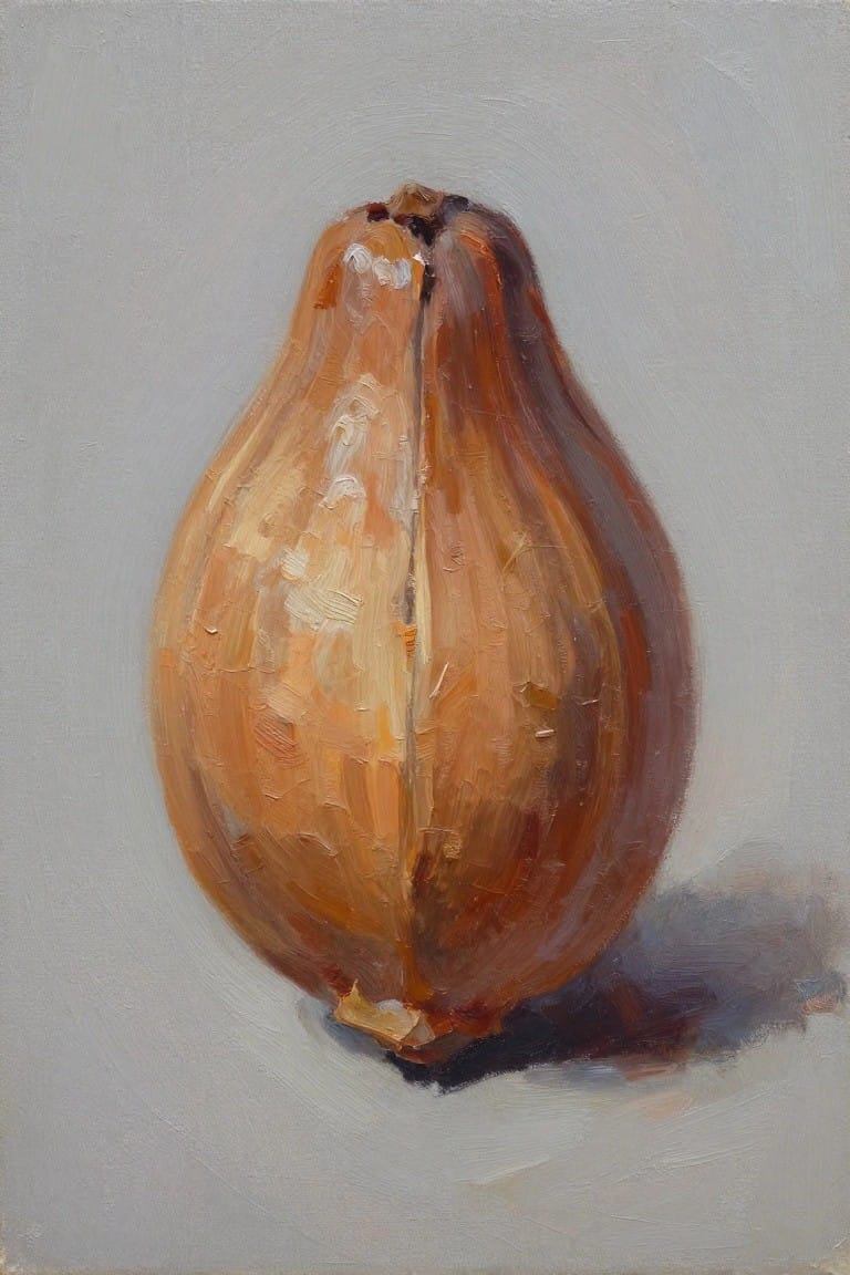 Oil painting of a halved orange papaya with seeds exposed, centered on a gray background.