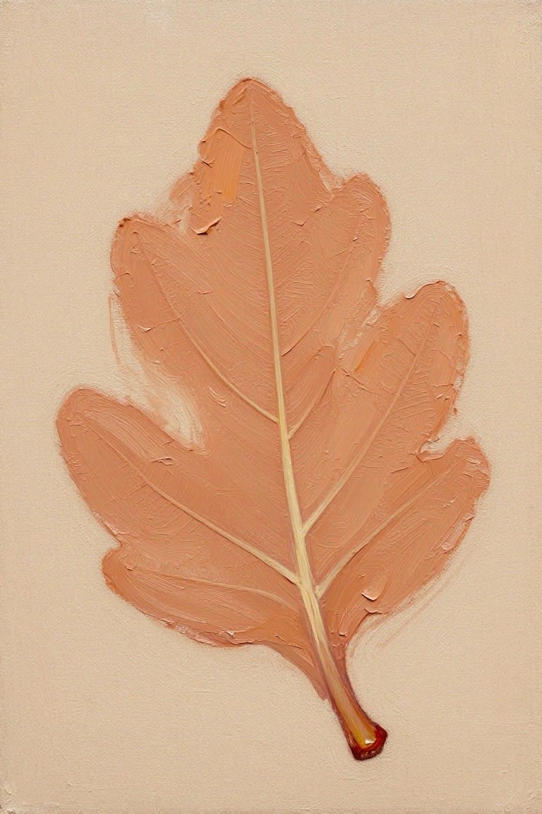 Textured orange oil painting of a single oak leaf on beige background.