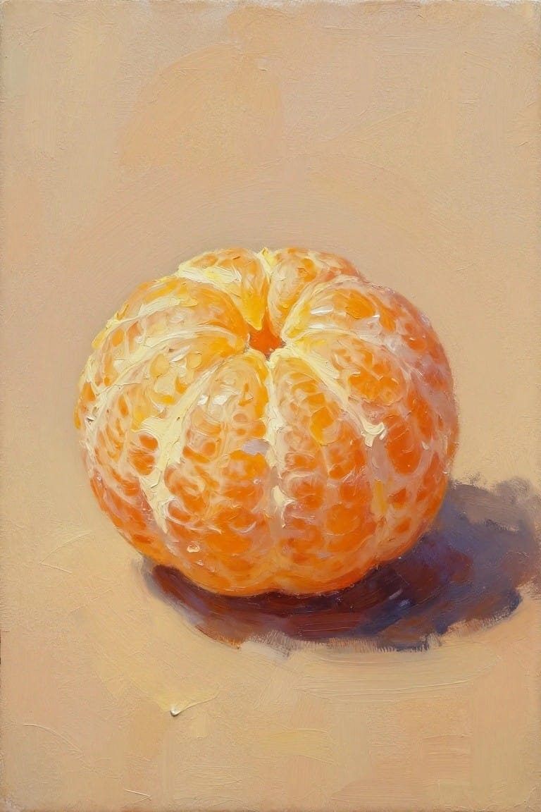 Oil painting of a single textured mandarin orange centered on a beige background with a soft shadow.