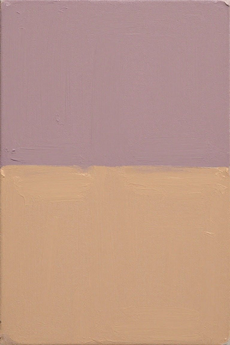 Minimalist oil painting divided horizontally into solid purple top half and solid beige bottom half with visible brush texture.
