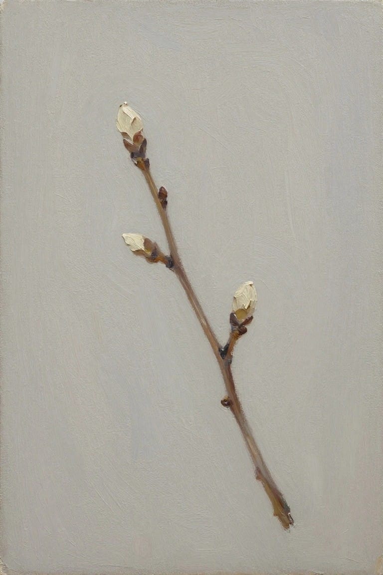 Oil painting of a diagonal brown branch with three white fuzzy pussy willow buds against a light gray background.