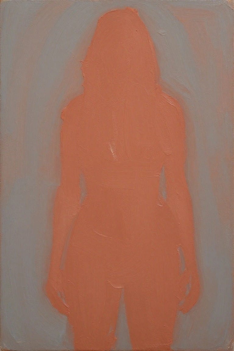 Oil painting featuring a peach-toned silhouette of a woman viewed from behind with long flowing hair, set against a soft gray background.