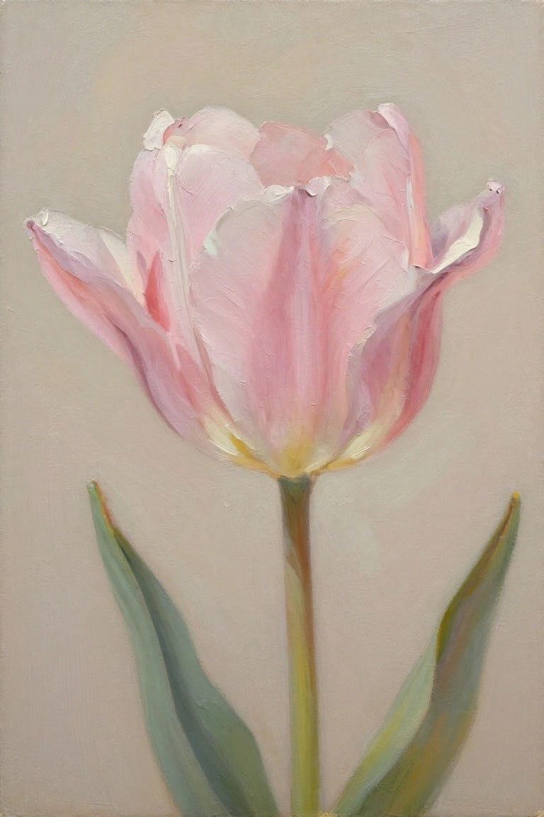 Oil painting of a single upright pink tulip with two curving green leaves on a beige background.