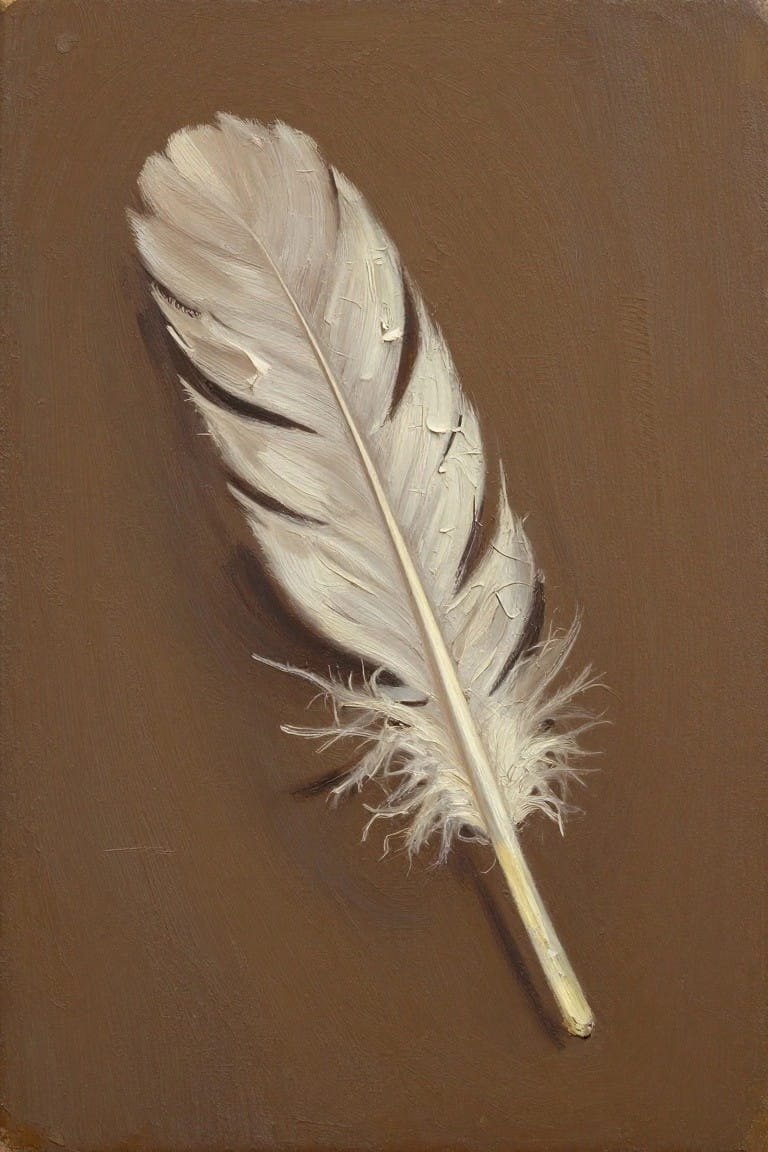 Oil painting of a white feather lying diagonally on a brown background.
