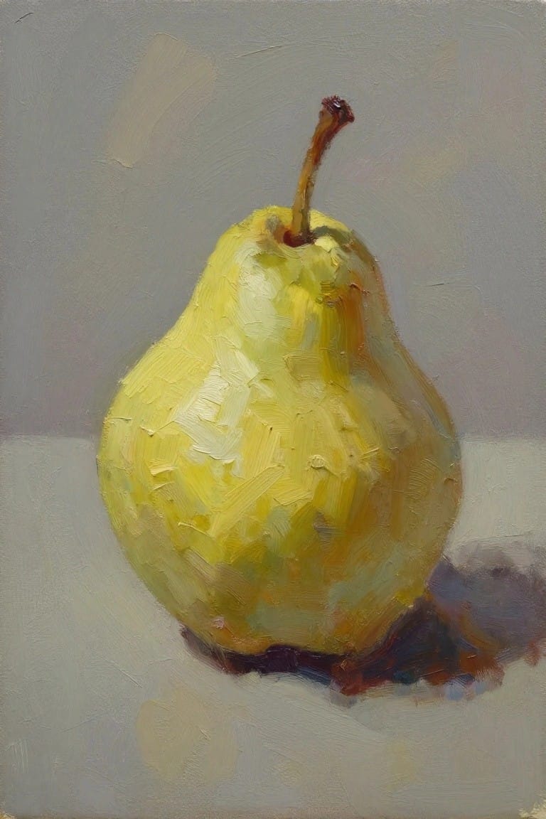 Oil painting of a single yellow pear with thick textured brushstrokes on a gray background and subtle shadow.