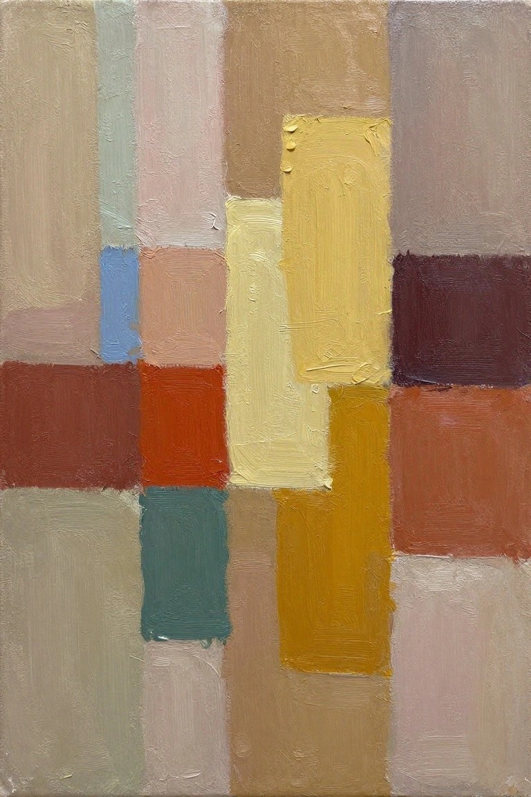 Abstract oil painting of overlapping rectangular color blocks in beiges, yellows, reds, greens, blues, and grays with visible thick brushwork.