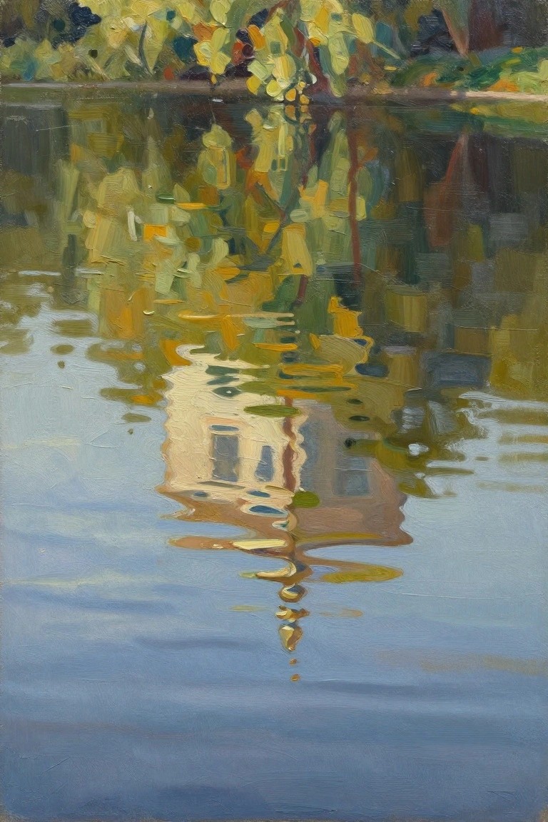 Oil painting depicting golden autumn trees and a white house reflected in a calm blue pond with subtle ripples.