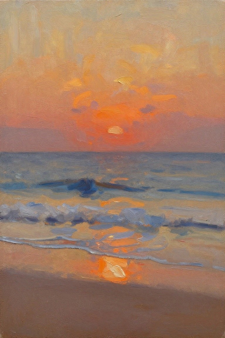 Vertical oil painting of a orange sun setting over blue ocean waves with sandy beach and wet sand reflections in the foreground.