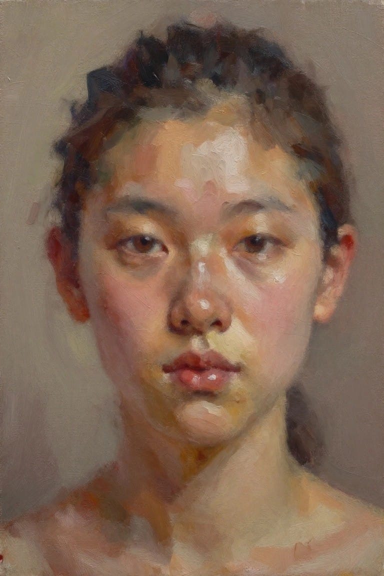 Close-up oil portrait of a young East Asian woman with dark hair in a bun, soft blended skin tones, and neutral background.