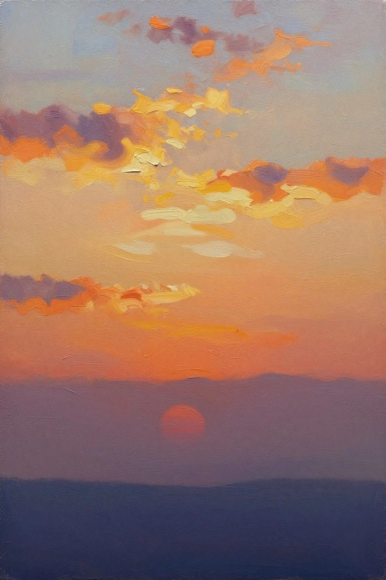 Oil painting of an orange sun setting over purple mountains with layered orange, yellow, and purple clouds in a gradient sky.