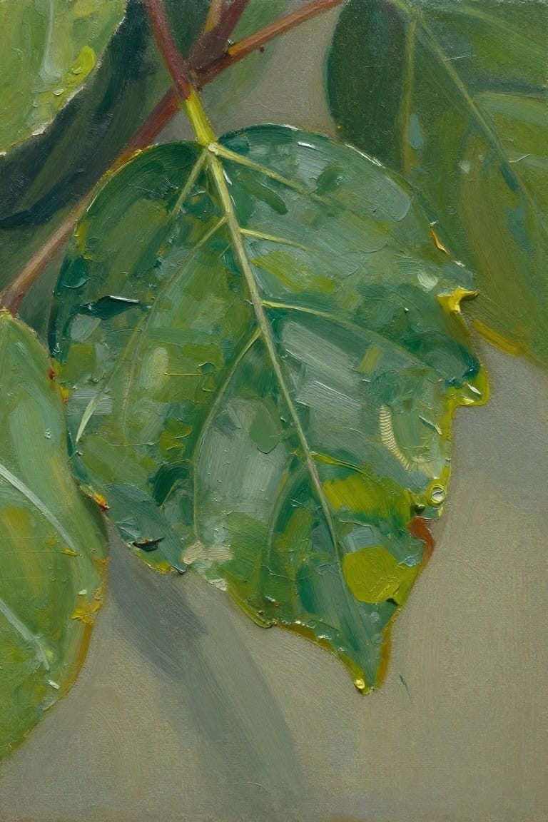 Oil painting of overlapping broad green leaves with red stems and subtle yellow edges against a soft gray background.
