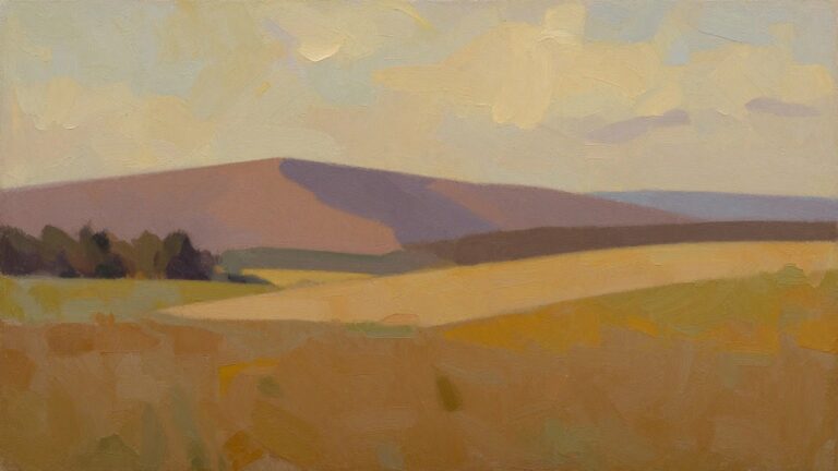 21 Smart Oil Painting Techniques For Beginners That Actually Help Oil painting of rolling hills in blended earth tones and greens under a partly cloudy sky with scattered trees.
