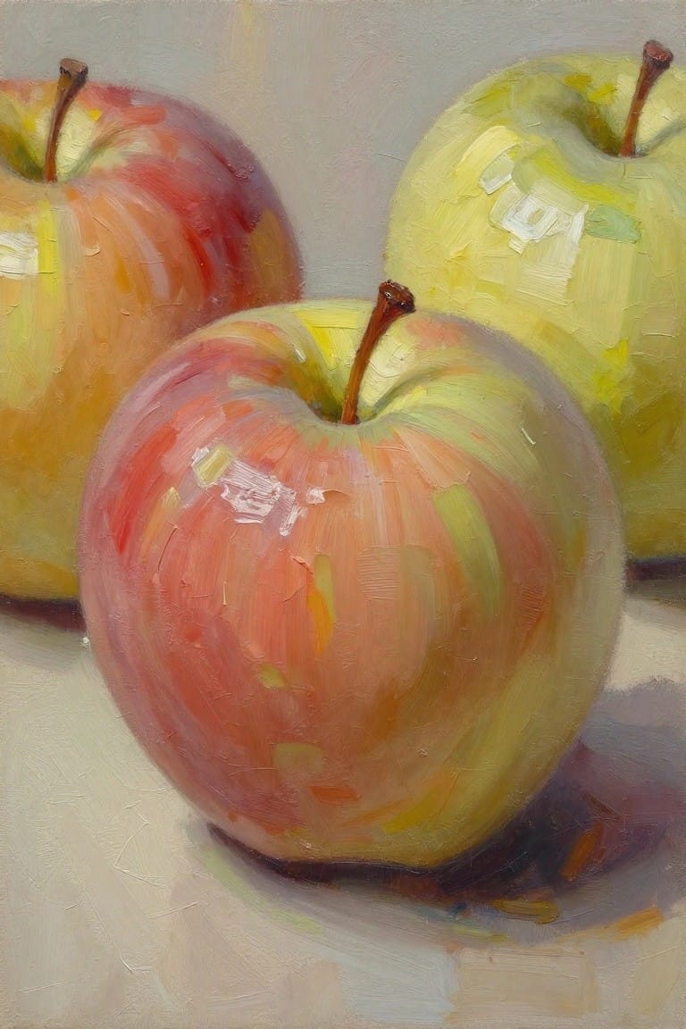 Oil painting of three glossy apples in red, green-yellow, and mixed tones arranged closely on a neutral gray background.