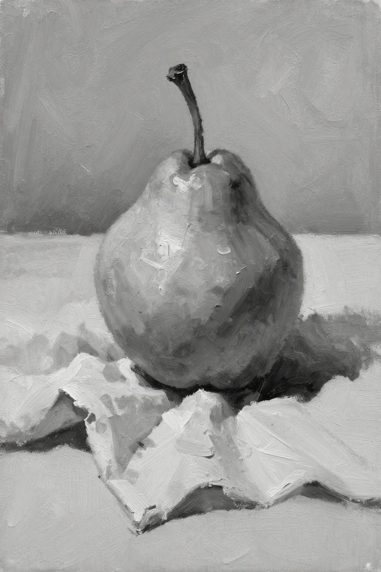 Grayscale oil painting of a pear sitting on crumpled white cloth with subtle shadows.