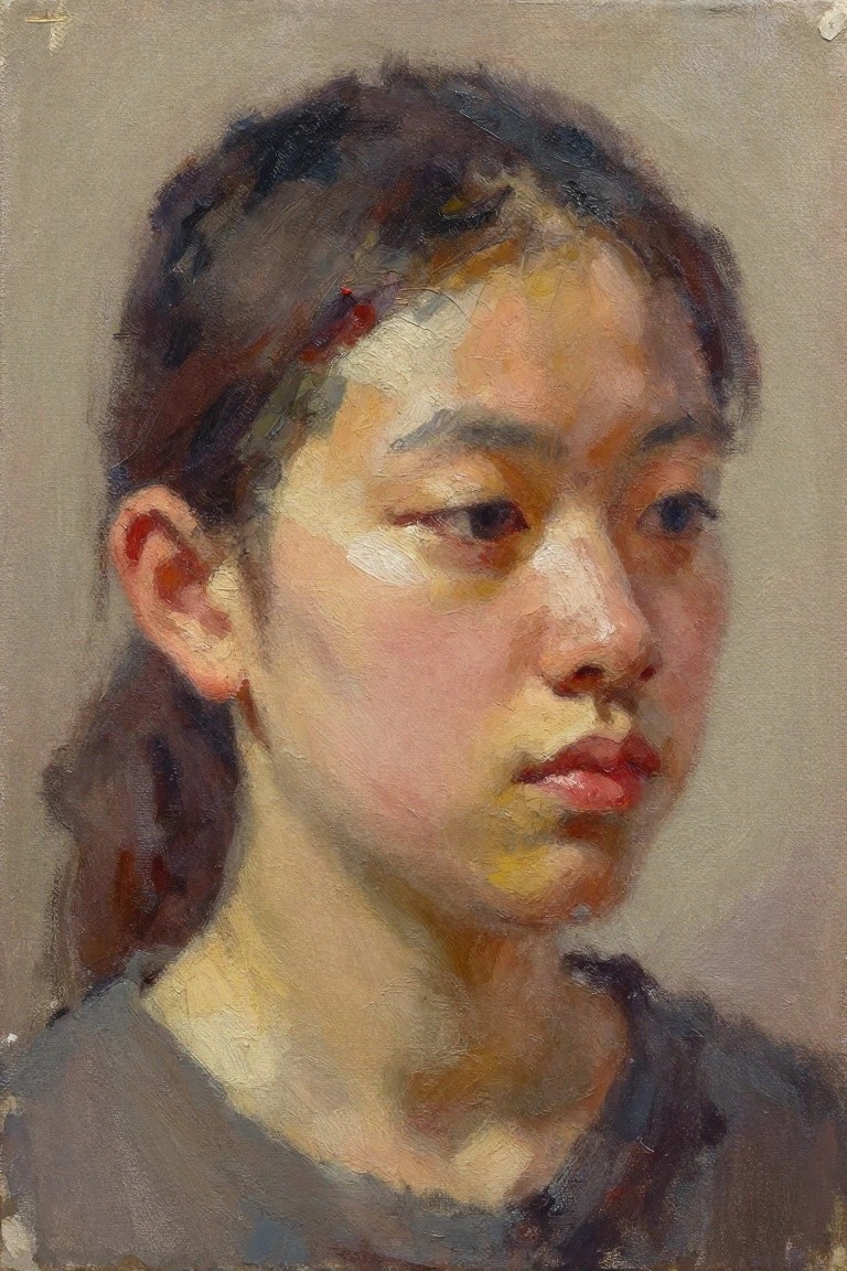 Oil painting portrait of a young woman with dark hair in a ponytail, facing three-quarters left, shown in loose impressionistic style with blended skin tones.
