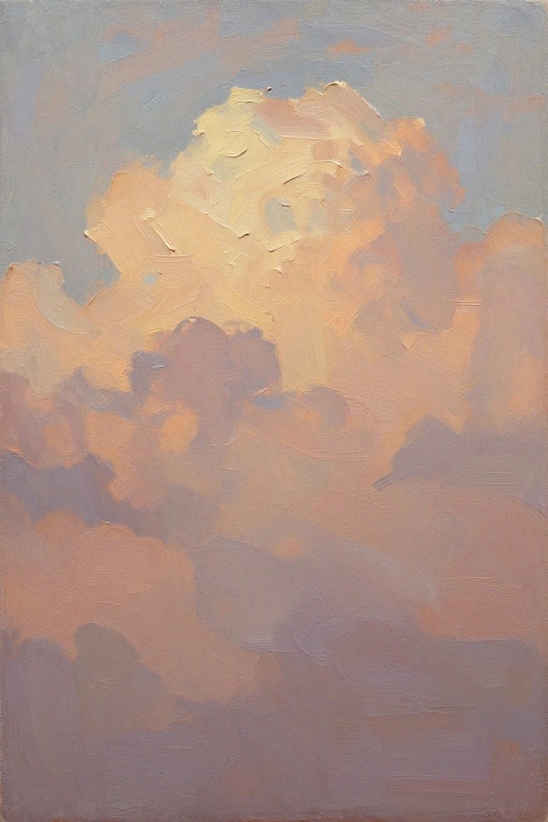 Vertical oil painting of fluffy clouds in soft blues, grays, pinks, oranges, and yellows with glowing golden highlights.