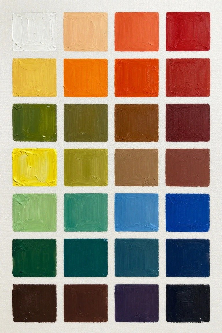 Grid of 30 small oil paint swatches in shades of white, yellows, oranges, reds, greens, blues, purples, browns, and black on white paper.