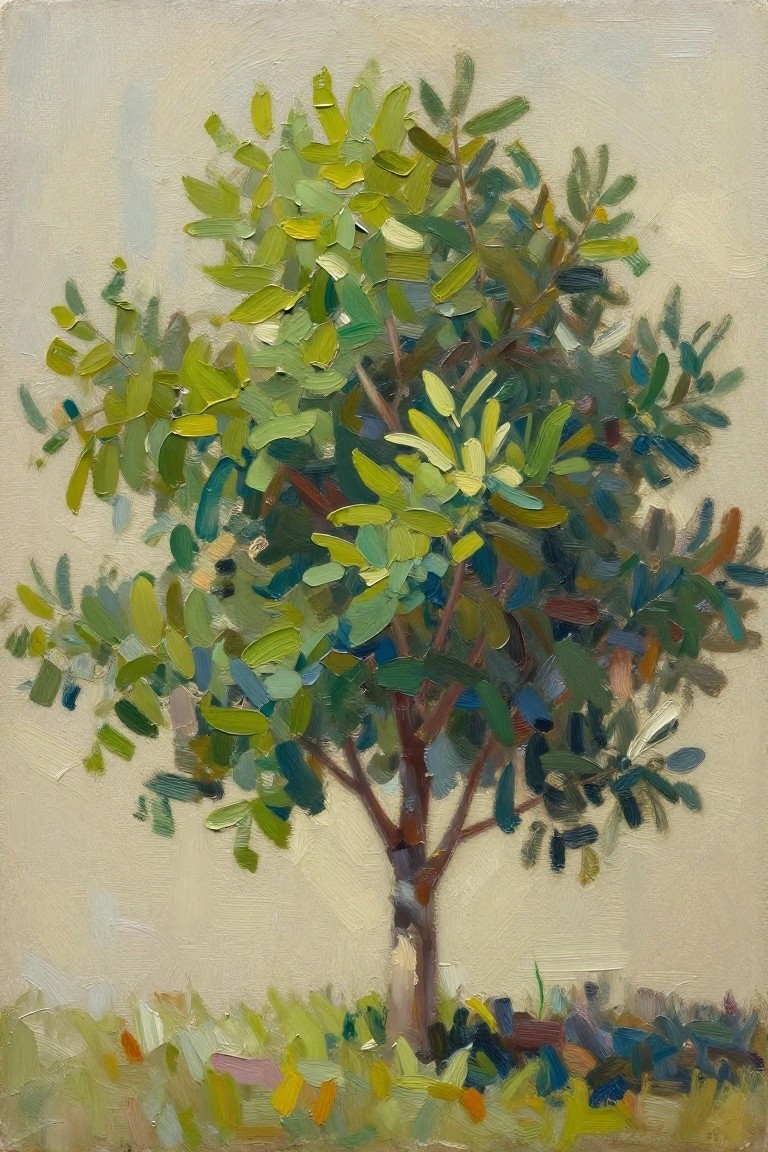 Oil painting of a single olive tree with lush green foliage, brown trunk, on beige background with grass at base.