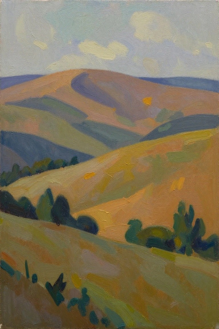 Oil painting of rolling hills in blended earth tones and greens under a partly cloudy sky with scattered trees.