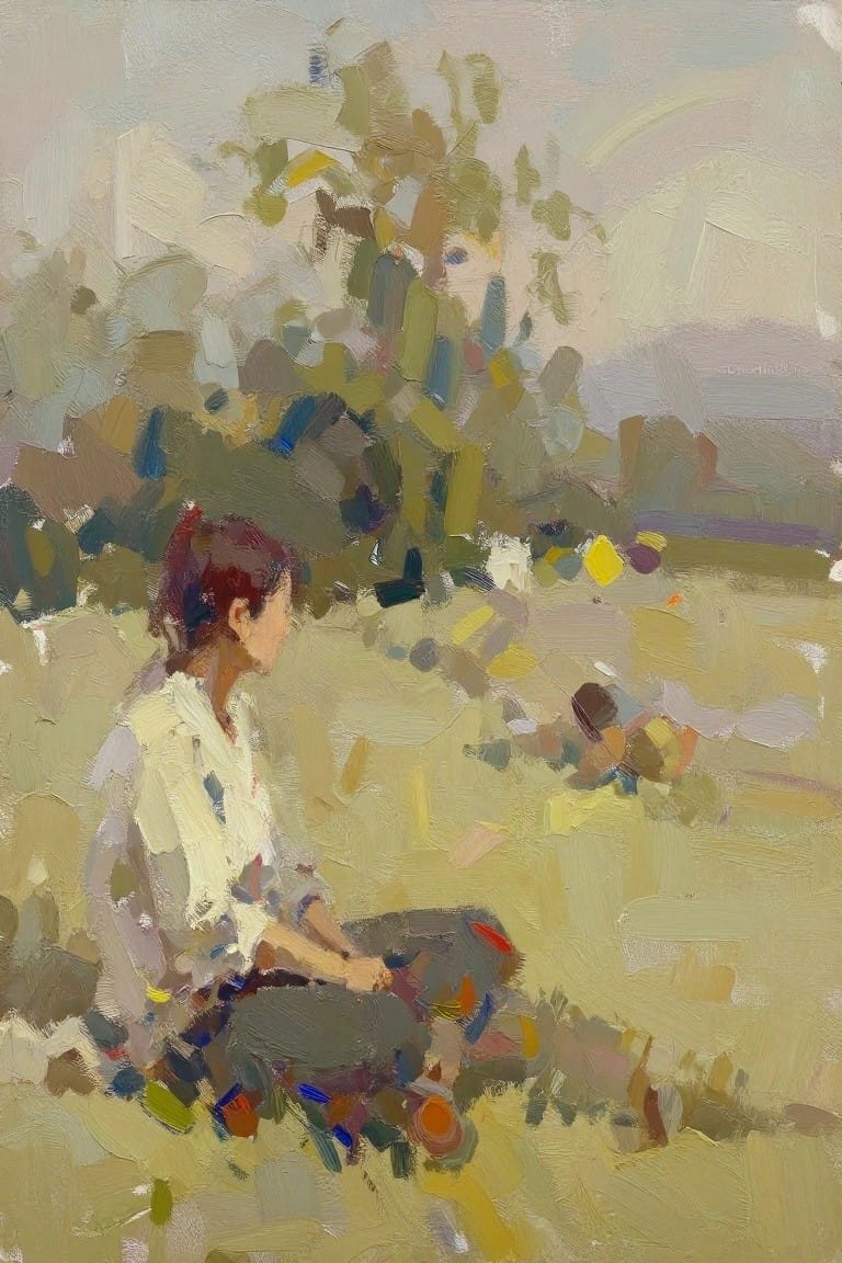 Oil painting of a red-haired woman in white shirt and dark pants sitting in a field of grasses and flowers, with green trees and hazy hills behind her.