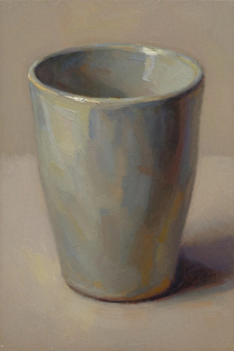 Oil painting of a tall light gray ceramic mug on a neutral background with soft shadows and highlights.
