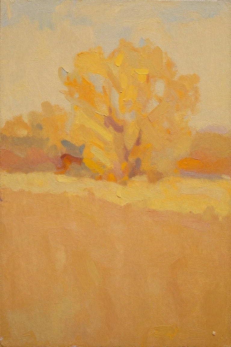 Oil painting of a central yellow-orange tree rising from a golden field under a soft blue-gray sky.