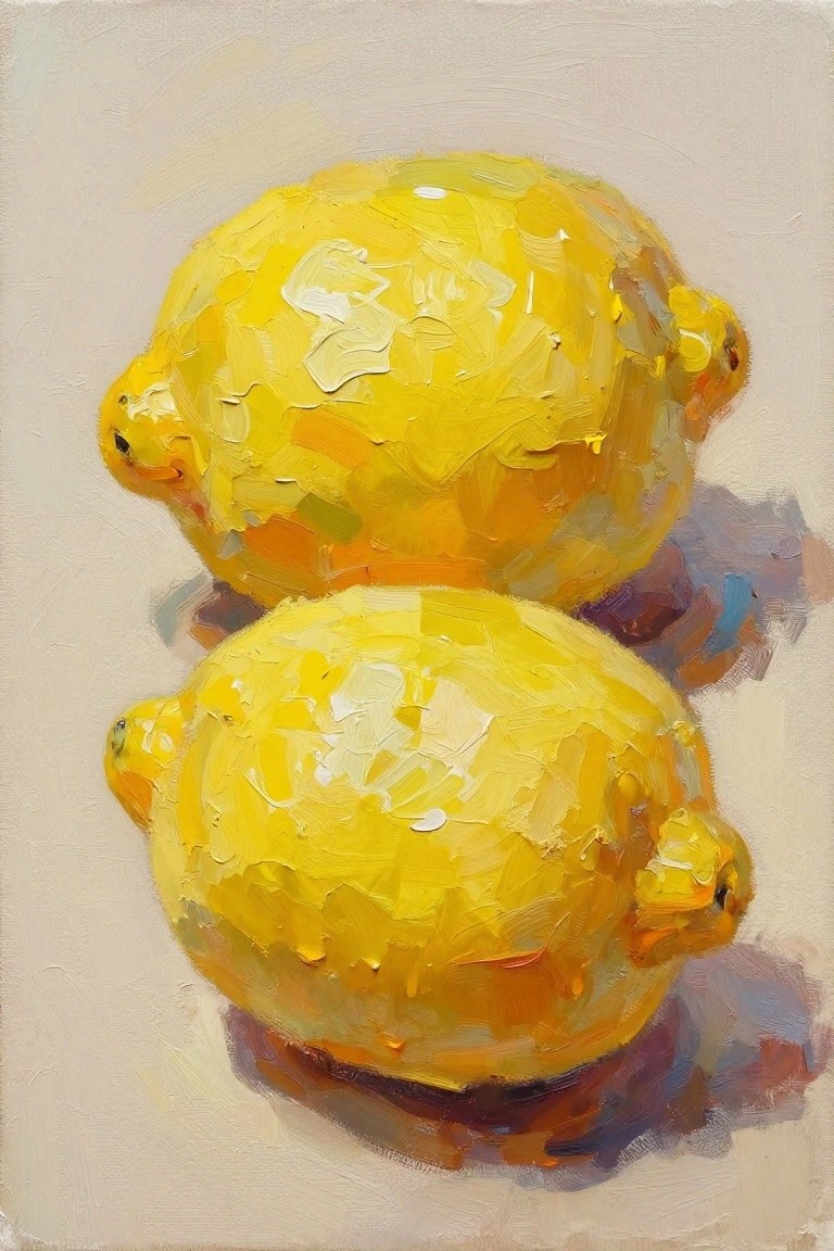 Oil painting of two textured yellow lemons stacked on a beige background with shadows and impasto brushwork.