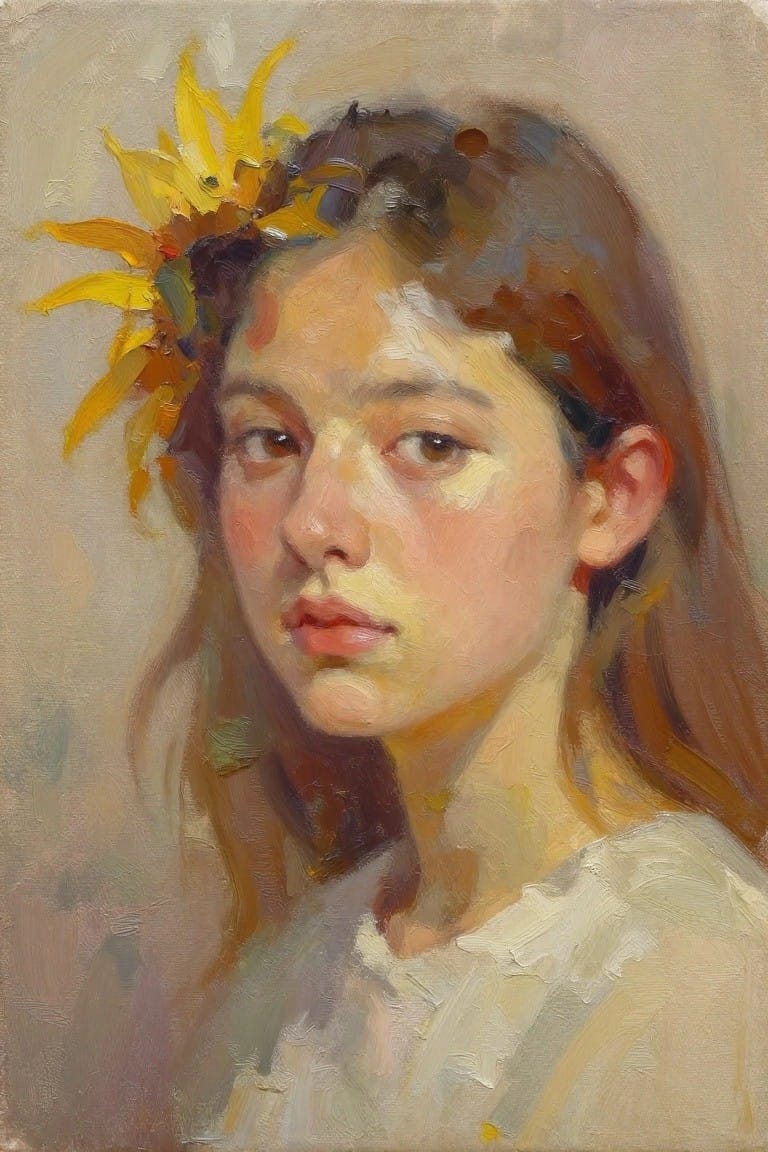 Oil painting of a young girl's face with a sunflower in her brown hair, wearing a white top, neutral background.