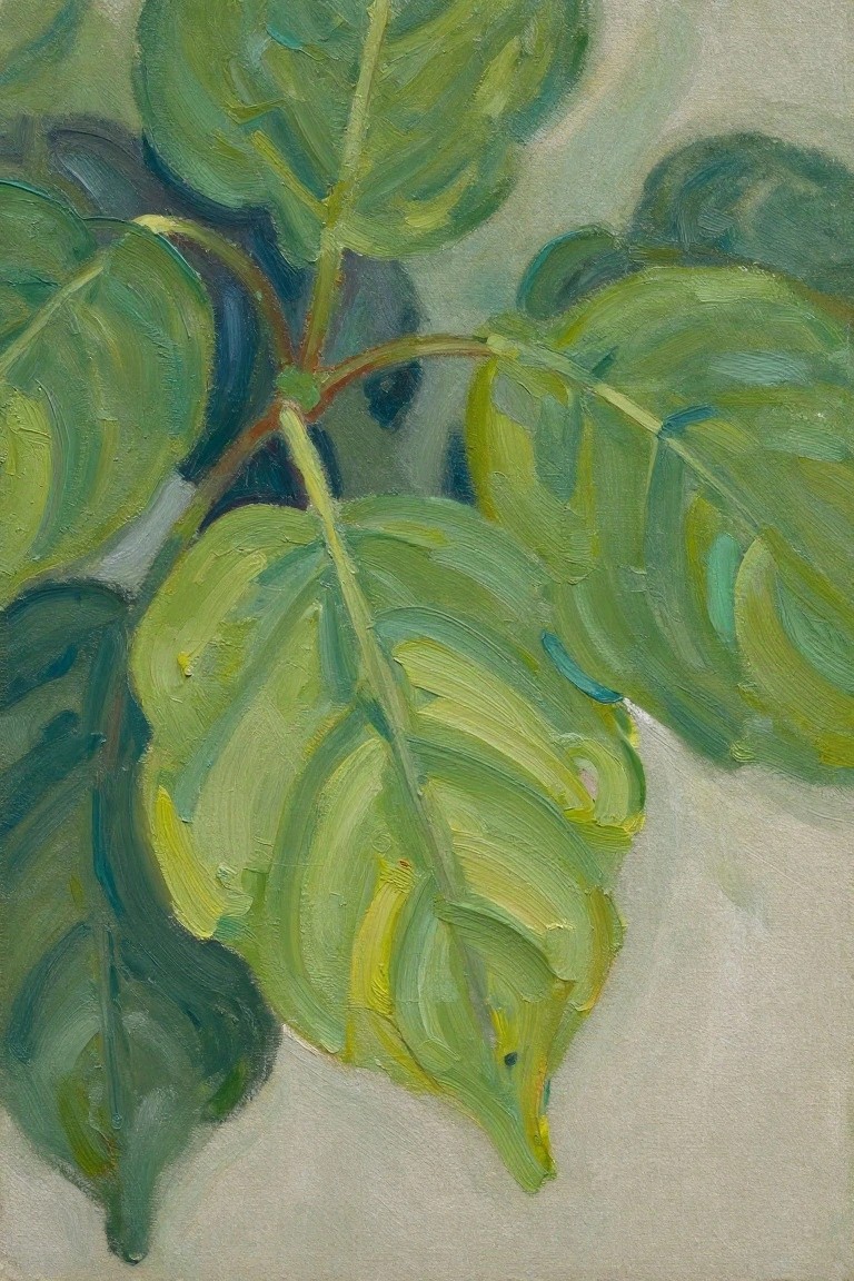 Oil painting of overlapping broad green leaves with impasto texture and subtle color variations on a light background.