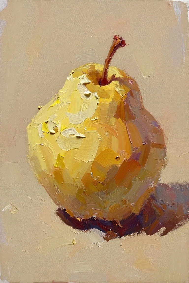 Oil painting of a yellow pear with thick textured brushwork, red stem, and shadow on a beige background.