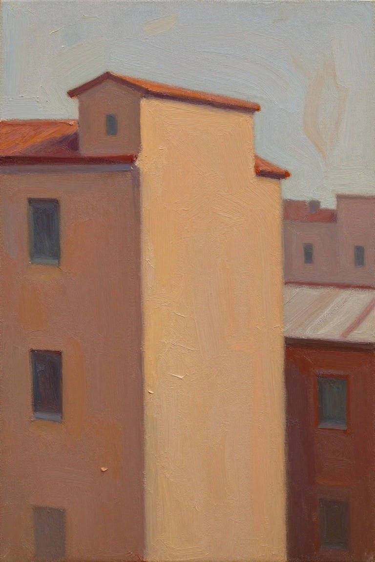 Oil painting of pinkish and beige urban buildings with red tile roofs, small windows, a central tall white wall, and distant structures under a pale sky.