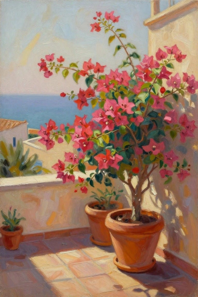 Oil painting of pink bougainvillea overflowing from terracotta pots on a sunny tiled balcony with sea view, white buildings, and shadows.