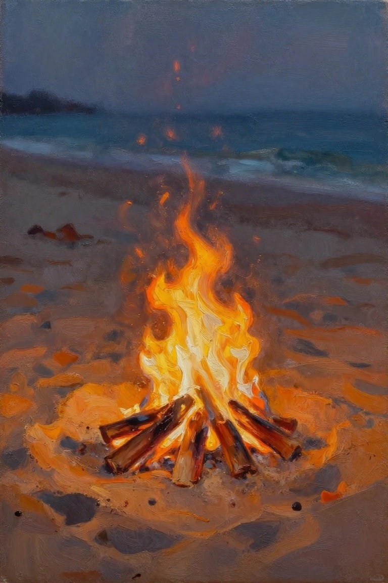 Oil painting of a bonfire with tall orange flames on sandy beach at twilight, ocean waves and dark sky in background.