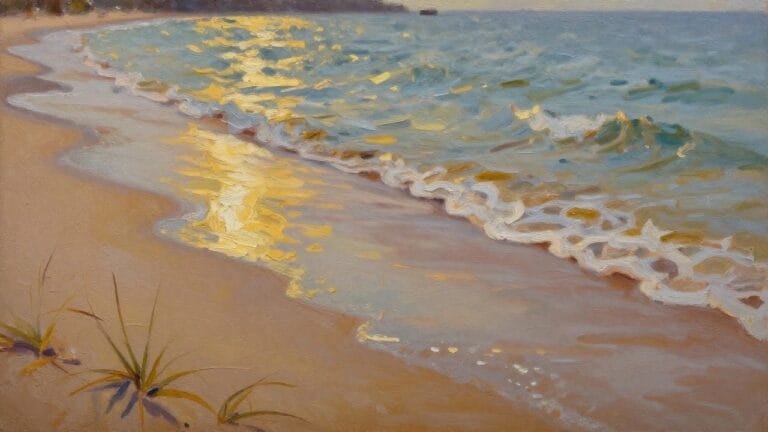 22 Aesthetic Summer Oil Painting Ideas Full of Warm Color Inspiration Oil painting of a beach sunset with golden sunlight reflecting on waves and wet sand, beach grass and shell in foreground.