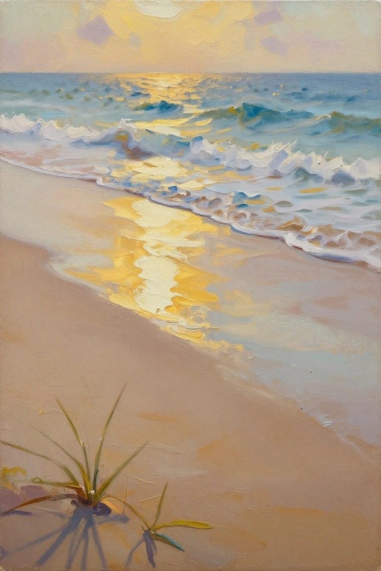 Oil painting of a beach sunset with golden sunlight reflecting on waves and wet sand, beach grass and shell in foreground.