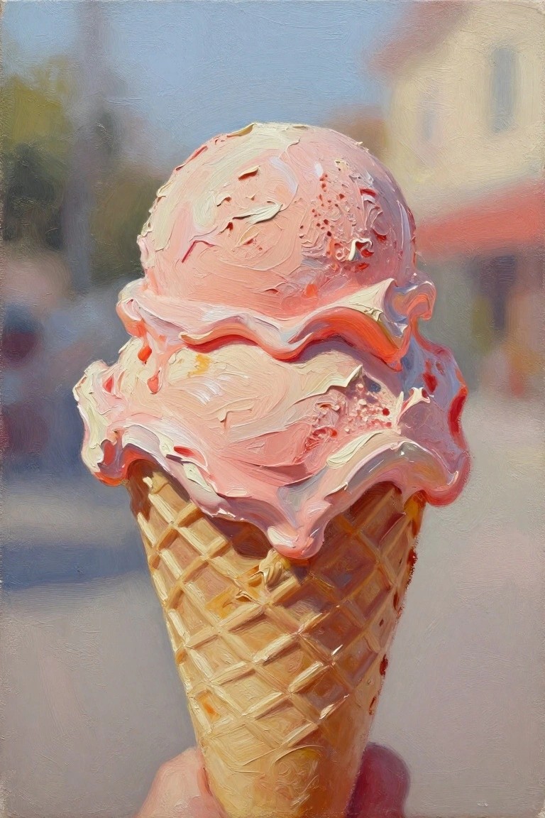 Oil painting of a hand holding a large strawberry ice cream cone against a blurred sunny street with buildings.