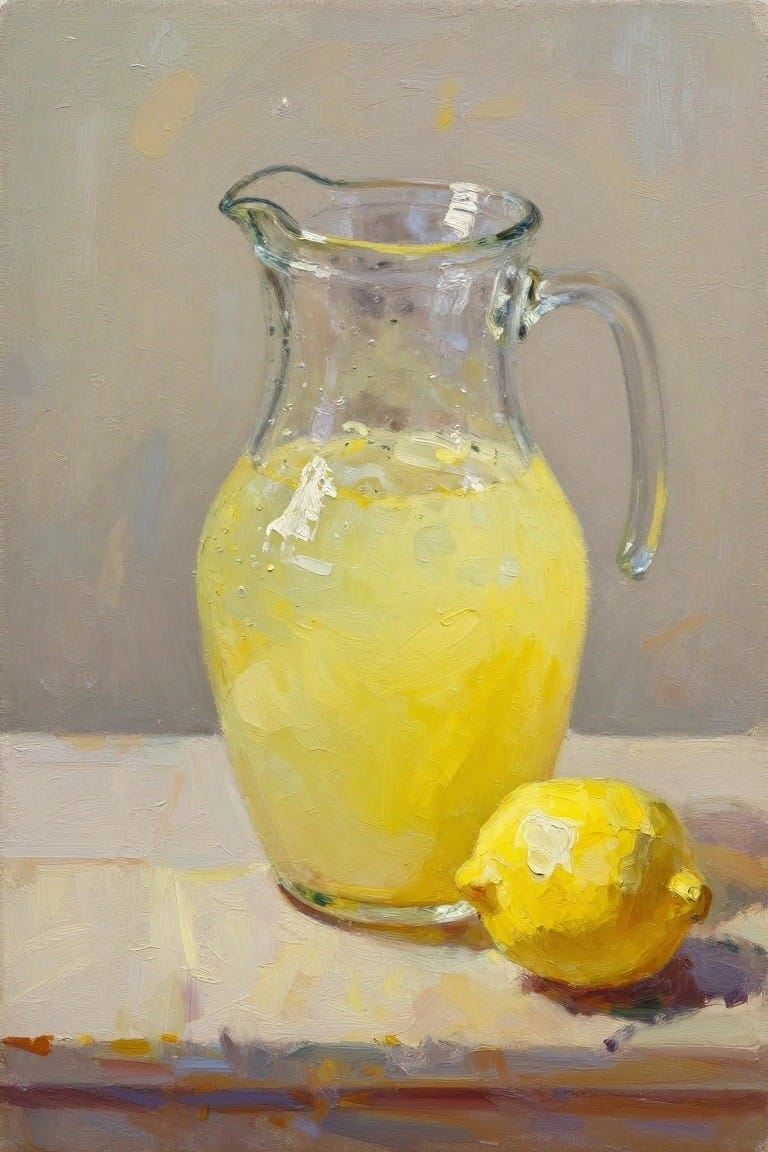 Oil painting of a clear glass pitcher filled with lemonade containing lemon slices, next to a whole yellow lemon on a light surface.