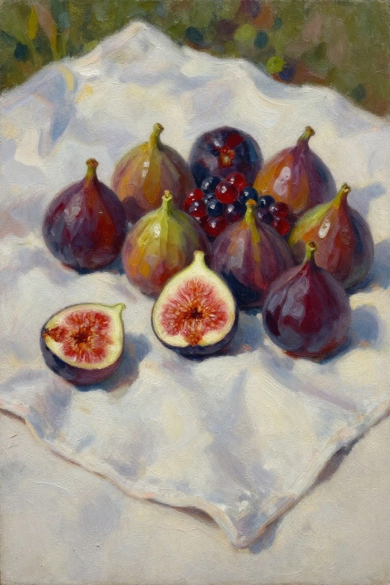 Oil painting of whole and sliced figs plus grapes on a white cloth against a green background.