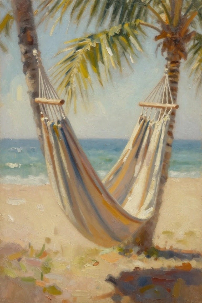 Oil painting of a striped hammock slung from a palm tree on sandy beach with ocean in background.