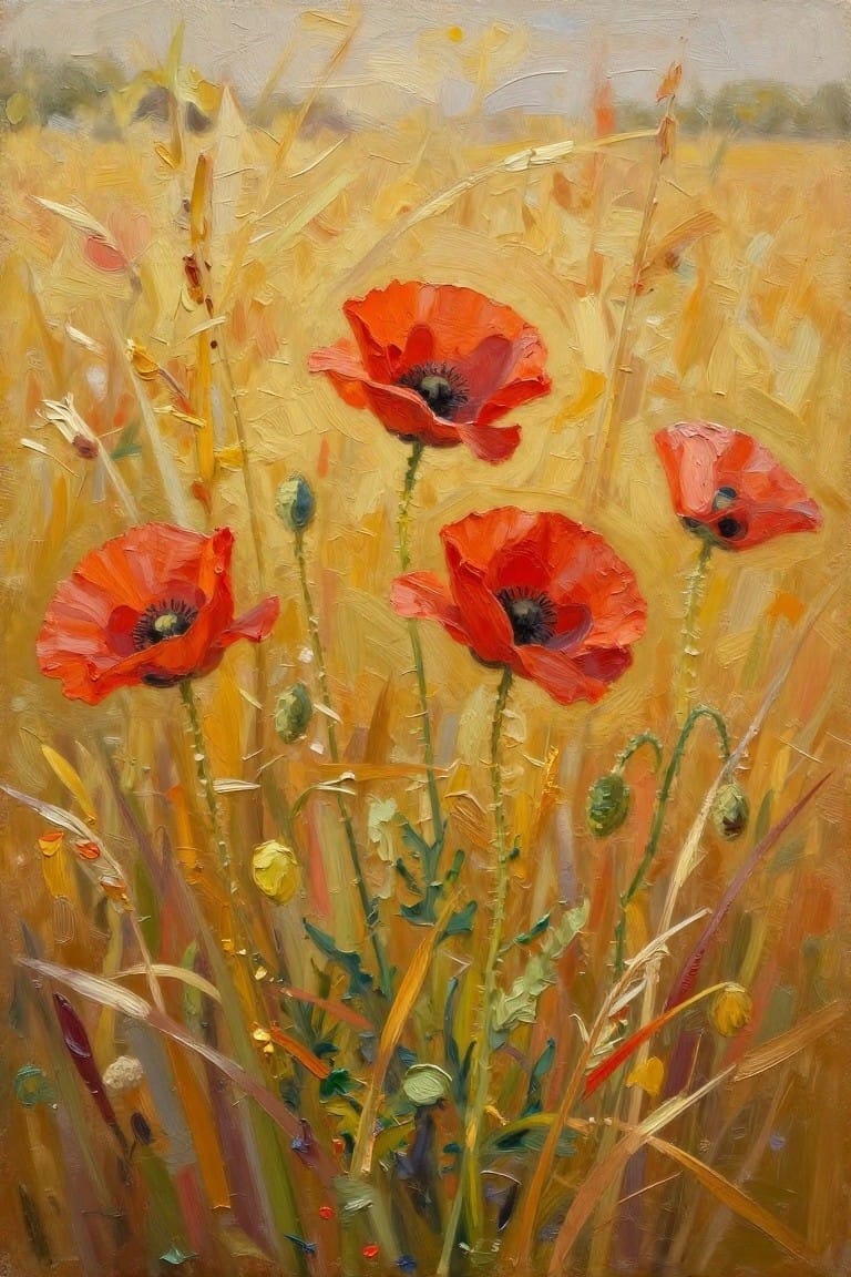 Oil painting of several red poppies and buds emerging from golden wheat stalks in a field under a hazy sky.