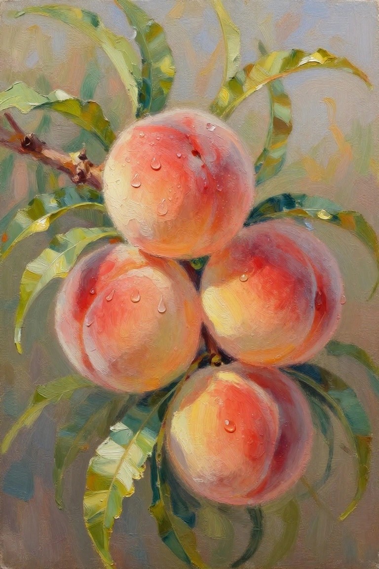 Oil painting of four ripe peaches with water droplets clustered on a branch surrounded by green leaves against a soft grayish background.