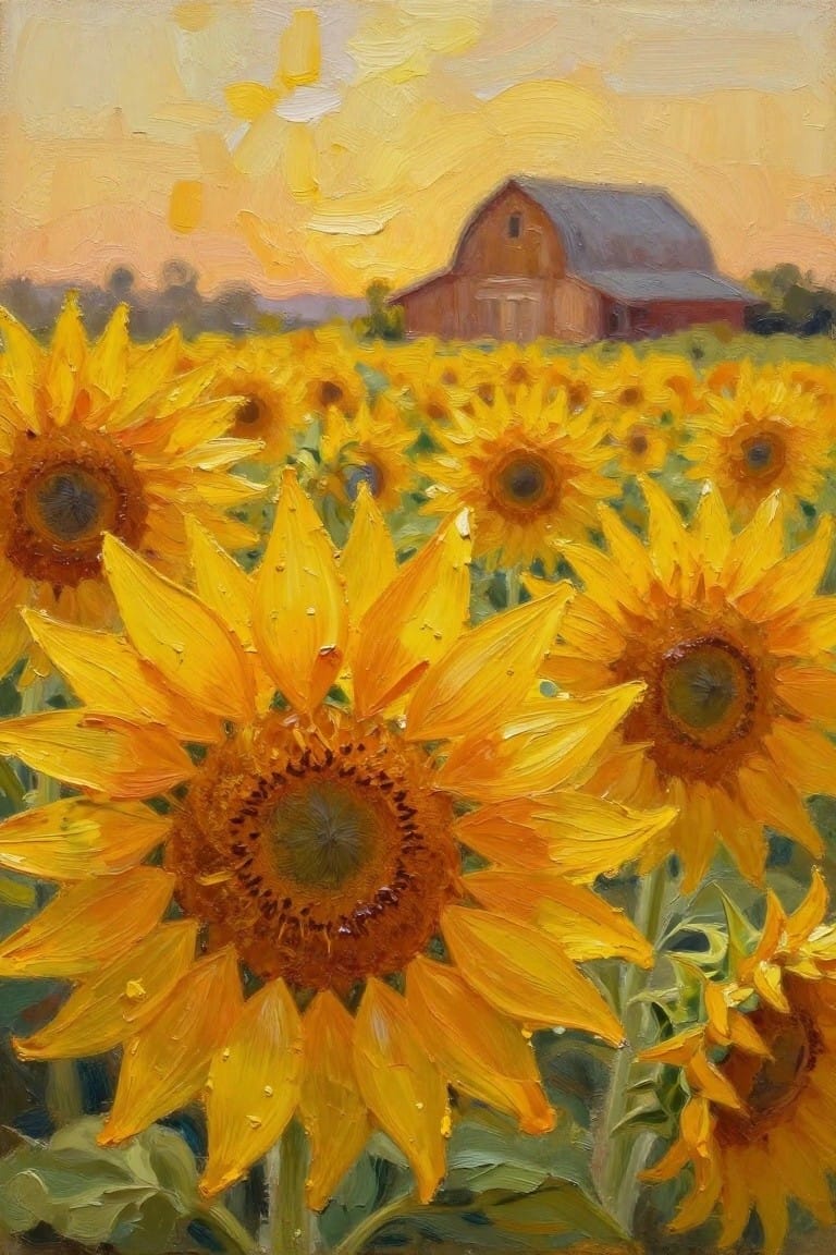 Oil painting depicting large sunflowers in the foreground, a field of sunflowers extending to a red barn, and a golden sunset sky.